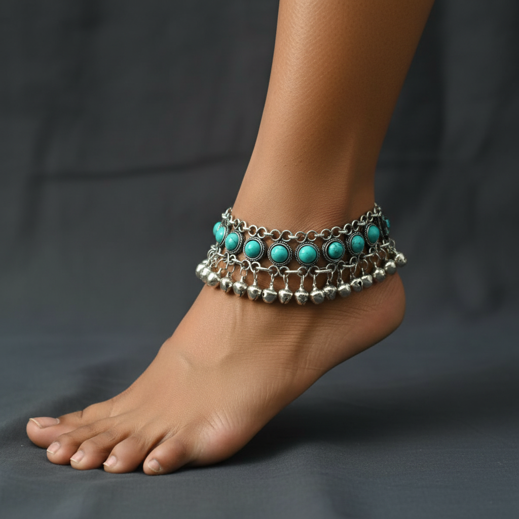 Turquoise Stone Anklet with Ghungroos