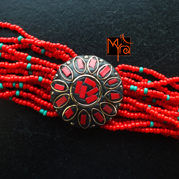 Tibetan Stonework Beaded Bracelet  Red Oval  Myra Online