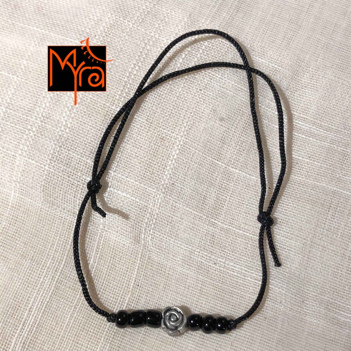 Black String Anklet with Beads : Black with Rose Charm